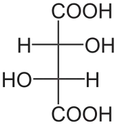 Schéma montrant la formule développée de la forme L. de l'acide tartrique, le principal acide organique du vin.