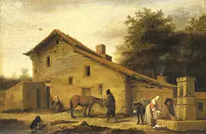 Peinture à l'huile représentant un bâtiment, un cheval et des personnages.