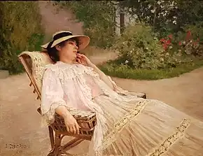 Peinture d'une femme allongée, en plein air.