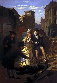 Huile sur toile représentant la sortie de bourgeois parisiens à Paris, dans un paysage de ruines urbaines. Les personnages, deux hommes et une femme, semblent plaisanter devant le cadavre d'un communard qu'ils touchent de leur canne.