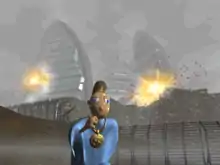 Capture d'écran montrant au premier plan Twinsen en pleine course, tandis qu'en arrière-plan deux bâtiments explosent.