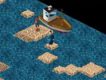 Capture d'écran prise à un moment où le joueur doit faire sauter Twinsen sur de petites plates-formes en évitant de faire tomber son personnage dans la mer.