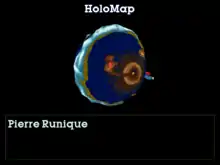 Capture d'écran montrant l'outil de géolocalisation du jeu, appelé « HoloMap », constitué d'une vision en 3D de la planète Twinsun apparaissant sur fond noir.