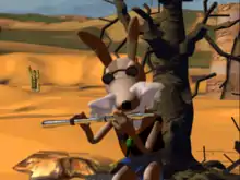 Capture d'écran montrant un lapin anthropomorphe assis au milieu d'un désert, portant des lunettes de soleil et jouant de la flûte.
