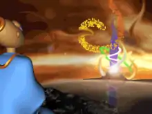 Capture d'écran montrant au premier plan le héros Twinsen, face à un volcan dont s'échappent des couleurs.