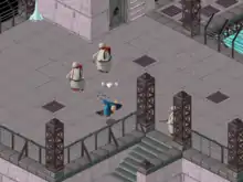 Capture d'écran où l'on voit le héros Twinsen subir les tirs de deux soldats situés face à lui.