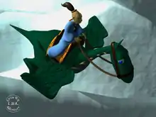 Capture d'écran montrant le héros Twinsen assis sur le dos d'un dinausore ailé appelé Dino-Fly dans le jeu.
