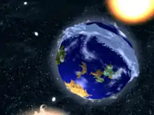 Capture d'écran sur laquelle apparaît au centre la planète Twinsun située entre deux soleils.