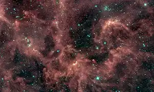 La région sud de NGC 1333 en infrarouge. On voit sur l'image les nébuleuses obscures Barnard 203 (en) et 204.