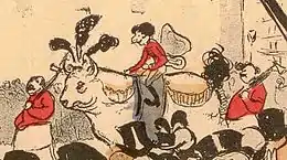 Image en couleur d'un bœuf surmonté d'un enfant en Amour et encadré de deux gros hommes portant une massue