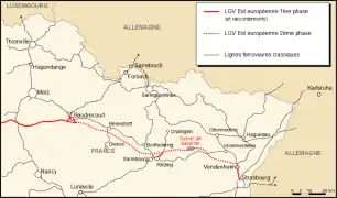 Carte schématique de la seconde phase de la LGV Est.