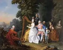 Pierre-Michel de Lovinfosse, Une fête élégante à la campagne avec une dame jouant de la harpe et un gentilhomme jouant de la guitare (1771)
