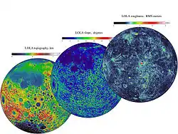 Les trois cartes topographiques de la Lune dressées à l'aide de l'altimètre LOLA.