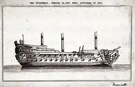 L’Invincible, démâté dans un port anglais. Le vaisseau de 74 canons n'a été saisi qu'après 8 heures de combat et l'épuisement de ses munitions.