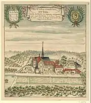 Gravure du dix-huitième siècle montrant une abbaye entourrée de champs