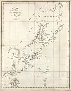 Carte de "Tchoka" ou "Sagaleen" d'après les relevés de Jean-François de La Pérouse  en 1787, édition anglaise de 1799.
