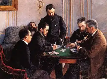 Gustave Caillebotte: La Partie de bésigue (1881, coll. part.). Martial Caillebotte est assis à droite en veste marron.