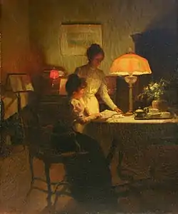 Étude d'une partition de piano entre deux jeunes femmes à la lueur d'une lampe à pétrole (vers 1899), localisation inconnue.