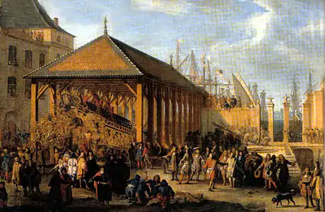 (Attribution) Le Marquis de Seignelay et le duc de Vivonne visitent la galère Réal dans l'arsenal de Marseille vers 1677, château de Versailles.