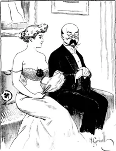 Légende : " - Les robes se portent très décolletées, cette année, n'est-ce pas, chère madame ? - Les crânes aussi, à ce que je vois, cher monsieur.". Dessin d'Henry Gerbault de 1907 paru dans Les Maîtres humoristes.
