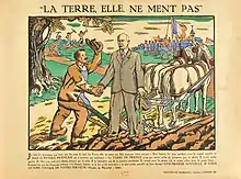 Affiche dessinée représentant un homme âgé en costume saluant un paysan respectueux et déférant dans un champ.