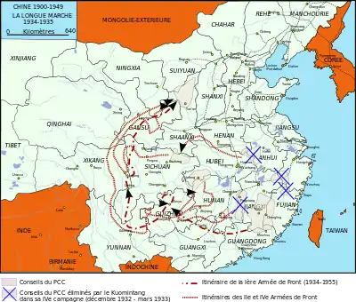 Élimination des bases communistes en Chine du sud-est et Longue Marche vers le nord-ouest de 1934 à 1935.