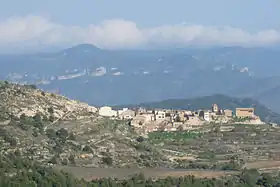 Vue d'un village en haut de crête, surplombant des vignes en terrasses.