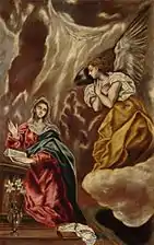 Peinture. L'ange arrive par la droite sur un nuage, vers la Vierge assise avec un livre.
