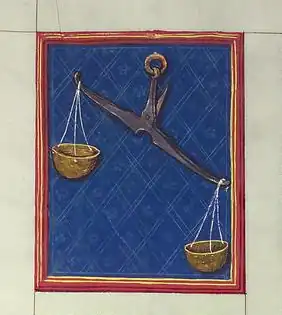 La  Balance.  Livre du Destin de Heidelberg (1491). Bibliothèque de l'Université de Heidelberg, cod. Pal. germ. 832,  fol 95v.