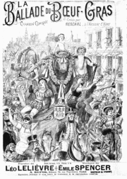 Gravure figurant, sur un char tiré par des chevaux, un bœuf entouré de nombreux personnages déguisés