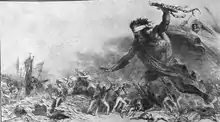 Gravure représentant un géant aux yeux bandés, habillé de haillons et tenant un martinet écrasant des personnages paniqués. La Faucheuse est visible derrière le géant.
