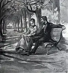 Dessin en noir et blanc d'un homme et d'une femme assis sur un banc.