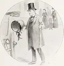 Dessin en noir et blanc d'un homme tenant dans ses mains un chapeau de paille et une canne.