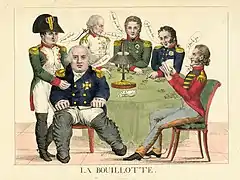 Caricature de Napoléon Ier impliquant un jeu de bouillotte (1815).