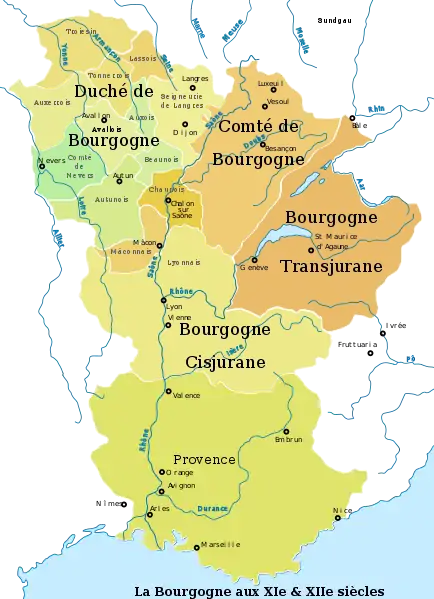 Les quatre Bourgognes :duché de Bourgogne, comté de Bourgogne, Bourgogne transjurane, Bourgogne cisjurane avec la Provence ; les trois dernières sont terres d'Empire à partir de 1032.