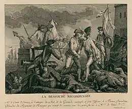 « La bravoure récompensée : Mr le comte d'Estaing, à l'attaque du Mol de la Grenade, embrasse, et fait officier, le Brave Ouradour, grenadier du régiment de Rouergue que venait de sauver, sous ses yeux, la vie à Mr de Vence. »