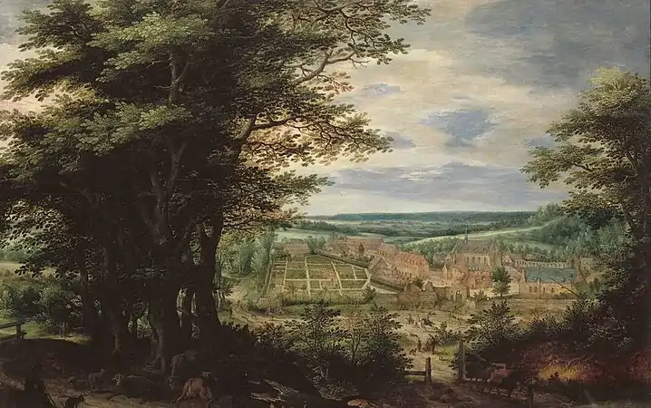 Vue de l'abbaye par Denis van Alsloot (1609)