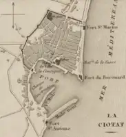 Plan de La Ciotat de 1830 indiquant le fort du Bérouard, le fort Saint-Martin et le fort Saint-Antoine.