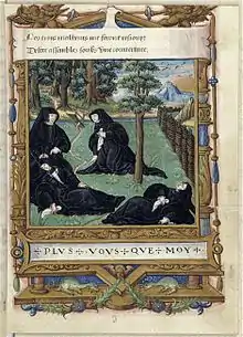 Trois femmes et Marguerite de Navarre dans un pré, une des femmes s'effondre en larmes, f.13v.