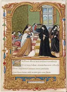 Dans un cadre, une dame tout en noir donne un livre à une autre dame à sa gauche.