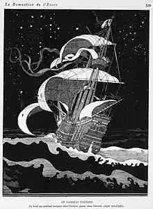 gravure d'un navire avec comme légende "Le vaisseau fantôme"