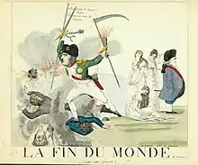 Caricature en couleur mettant en scène Napoléon Bonaparte, Cambacérès et d'autres personnages dont des femmes.