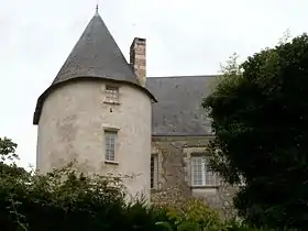 Vue en contre-plongée d'un château de sa tour ronde, en partie masqués par des arbres.