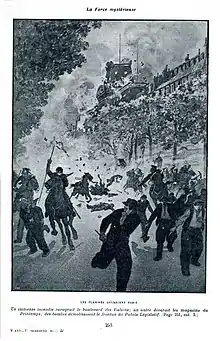 Illustration du roman La Force mystérieuse dépeignant des explosions qui dévastent le Palais Bourbon en flammes tandis que des cavaliers chargent des individus armés de couteaux.