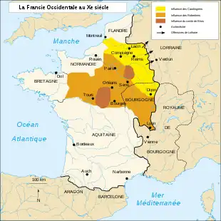 carte de la Francie occidentale occupant les deux tiers ouest de la France actuelle, avec les offensives de Lothaire vers l'est en direction de la Lorraine et de Verdun
