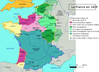 Le royaume de France pendant la guerre de Cent Ans (1429).