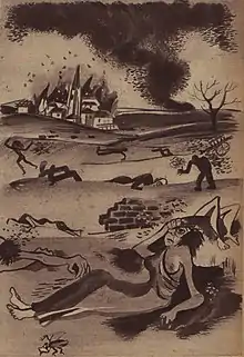 dessin en noir et blanc d'une scène de désolation avec au premier plan une femme blessée et en arrière-plan des cadavres et des individus poursuivis par des nuées de mouches.