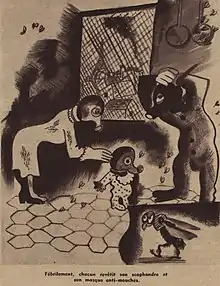 dessin en noir et blanc d'une famille s'équipant de masques dans sa maison.