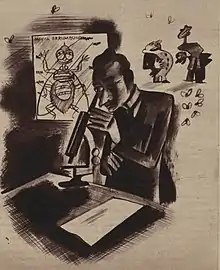 dessin en noir et blanc d'un homme regardant au microscope