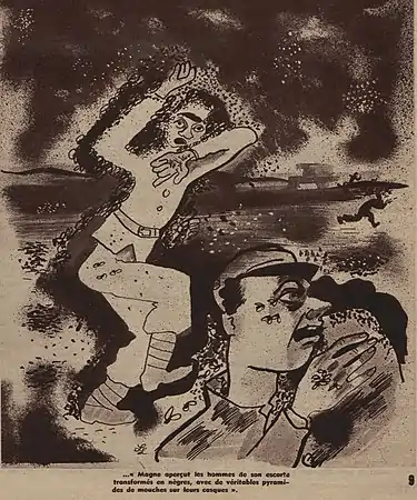 dessin en noir et blanc représentant des soldats attaqués par des nuées de mouches